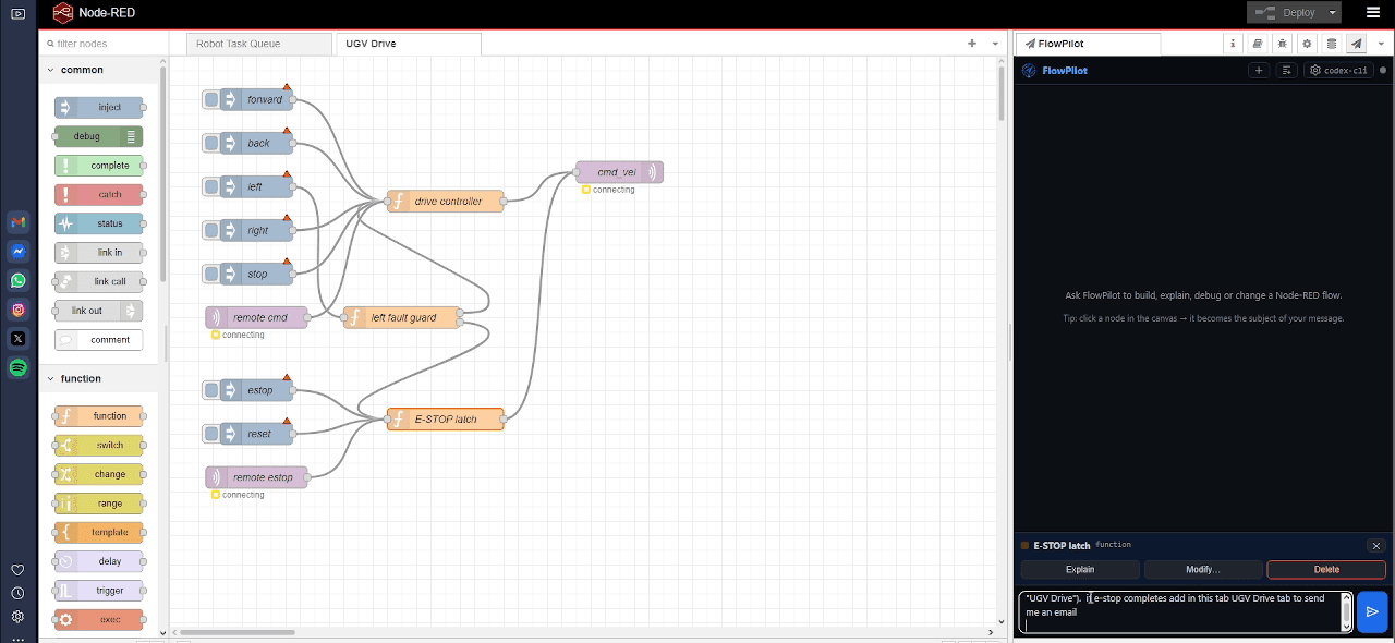 FlowPilot alongside a Node-RED UGV drive flow — drive controller, fault guard and an E-STOP latch selected for explanation